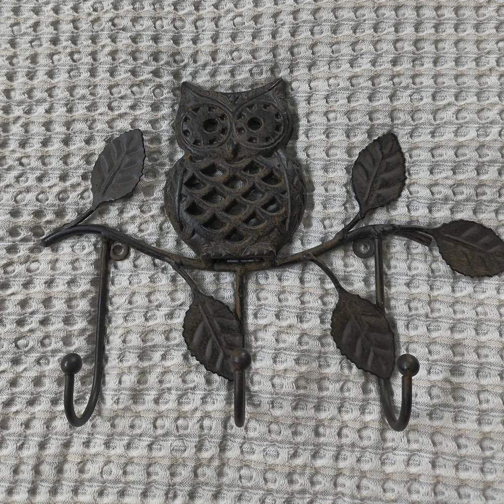 Cast Iron Owl 3 Hook Key Holder Wall Mountable Home Decor Dark Brown Boho Rustic